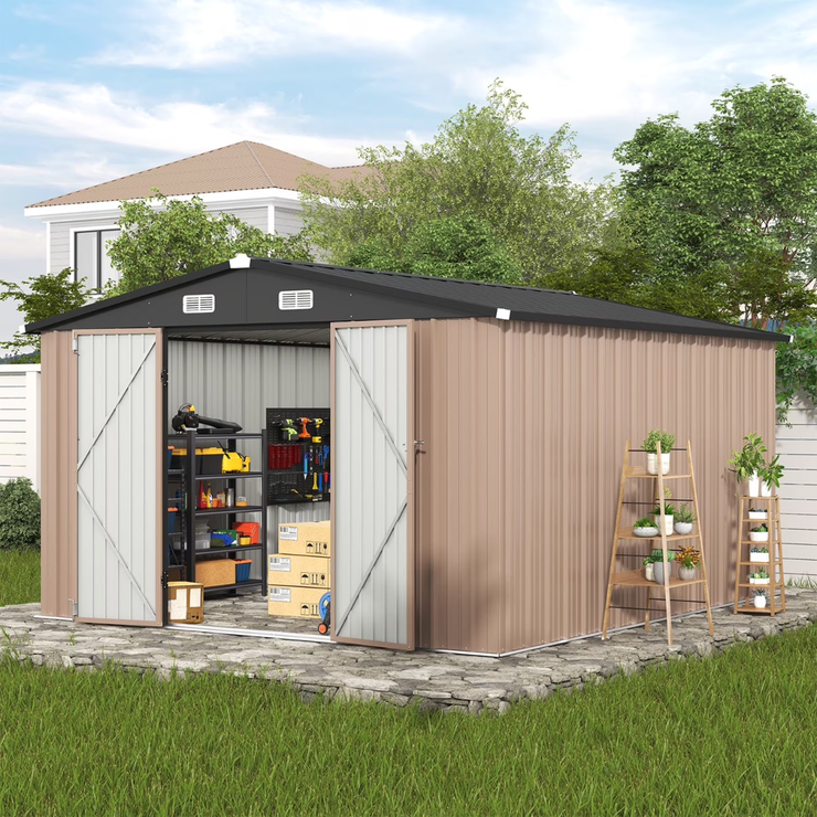 Metal Storage Shed, Waterproof Steel Garden Shed with Lock, Brown